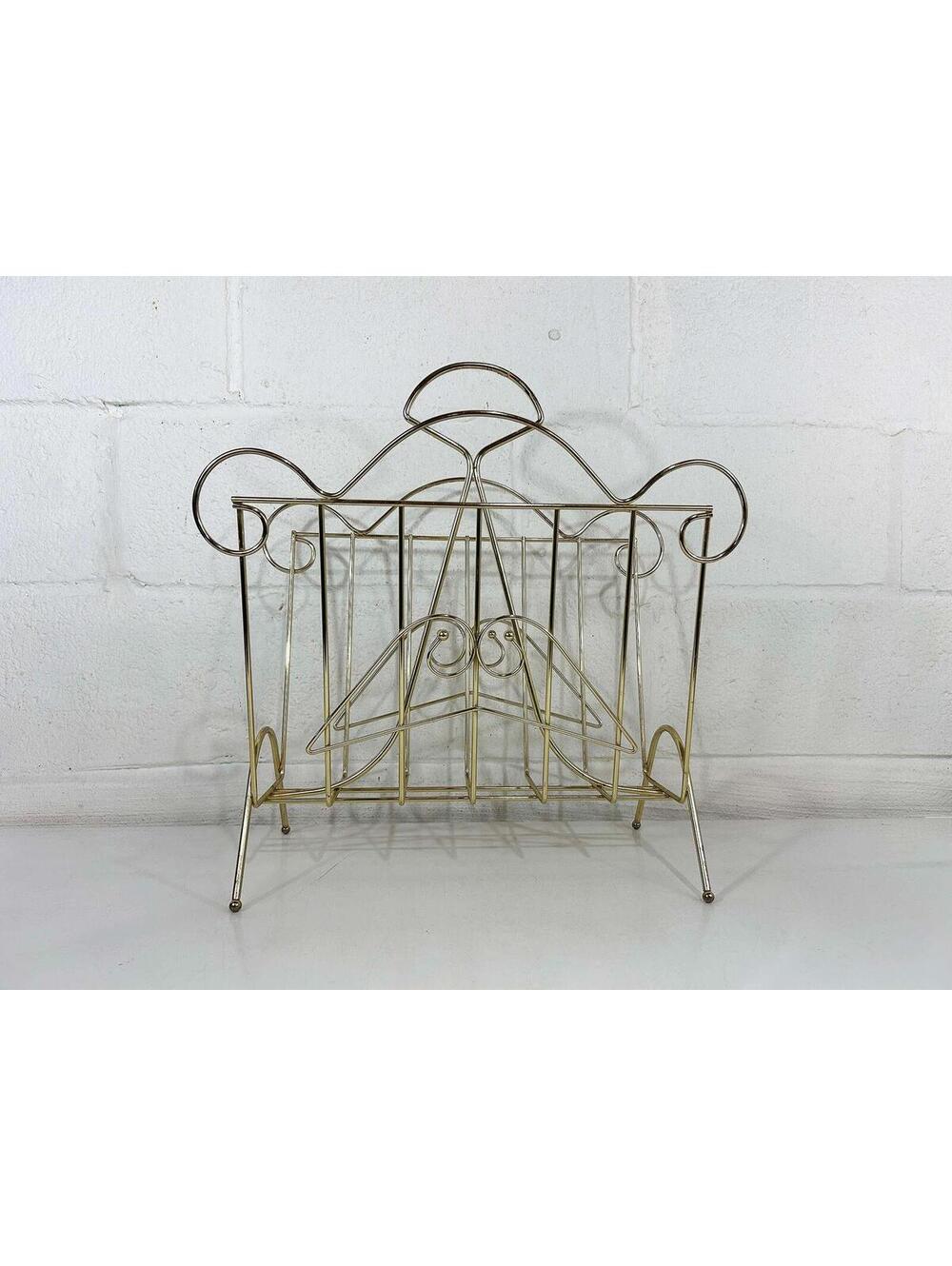 Vintage Magazine Rack Gold Metal Record Holder Basket 1970s Hollywood Regency